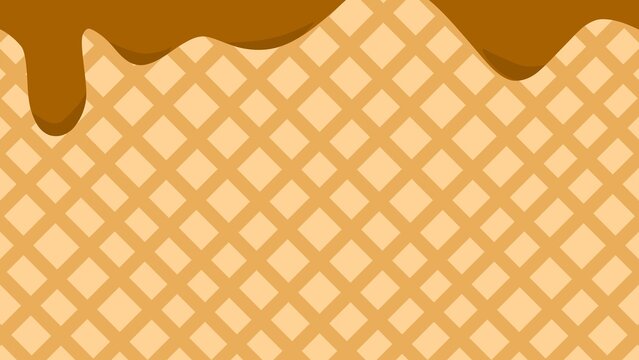 Wafer texture with creamy chocolate icing drips. Chocolate ice cream waffle texture background. Flowing sweet drips over crunchy waffle biscuit surface. Chocolate melted on a waffle background