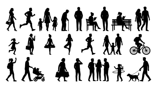 Diverse silhouette collection people engaging in leisure family and fitness activities outdoors