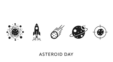 Asteroid Day Icons: Rocket, Comet, Planet, Atom, Target, Space Exploration © Ceblok