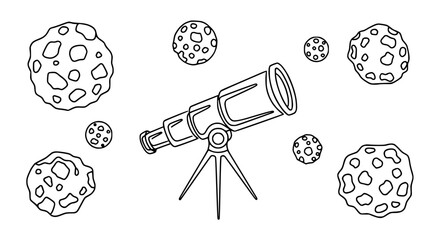 Telescope Observing Planets and Asteroids in Outer Space - Doodle Style © Ceblok