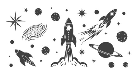 Retro Space Rocket Launch Collection: Planets, Stars, Galaxy, Spaceship Icons © Ceblok