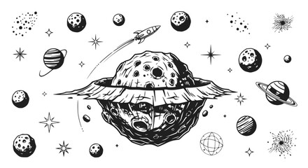 Cosmic Adventure: Spaceship, Planets, Stars, and Asteroids Hand-Drawn Sketch © Ceblok