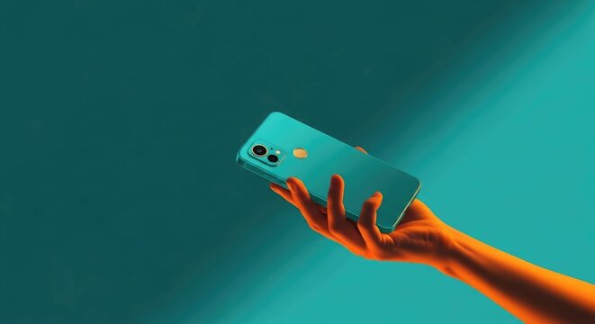 Hand holding teal smartphone with dual cameras teal phone hand holding phone back