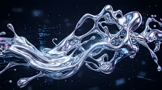 Abstract metallic liquid splash with digital data streams in a dark futuristic background