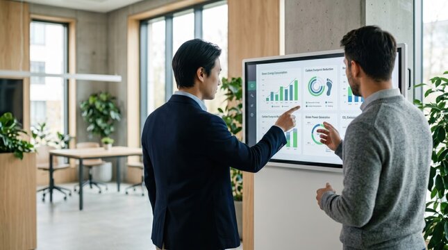 Two businessmen analyzing ESG data on large screen, discussing sustainability metrics and carbon footprint reduction strategies in modern office environment.