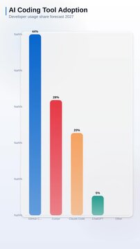 Bright minimalist infographic bar chart layout displaying artificial intelligence coding tool adoption usage share forecasts