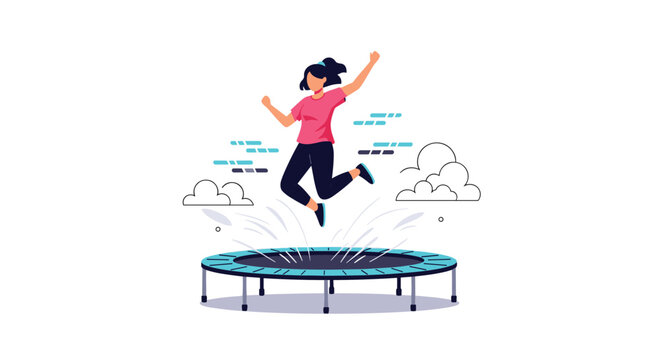 Happy young girl jumping high on a trampoline with clouds and abstract patterns in the background showing fun and energy.