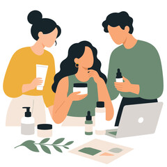 Fototapeta premium Illustrated group preparing healthy drinks and meal with digital devices.