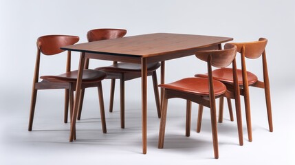 Fototapeta premium Elegant mid century modern dining set with solid wood rectangular table surrounded by four rich brown leather seat chairs, perfect for contemporary or retro inspired home decor settings.