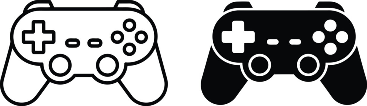 Gaming controller icons black and white line art set