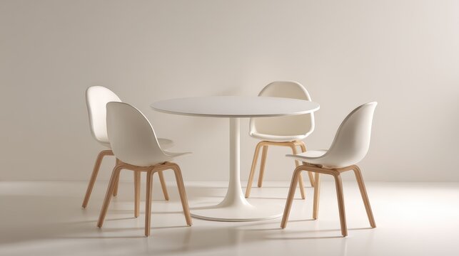 Contemporary dining set comprising white round table with pedestal base and four chairs featuring matching light wooden legs arranged in minimalist style studio space with neutral walls.