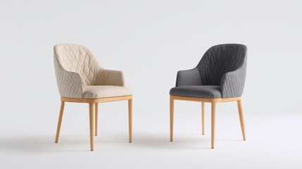 Fototapeta premium Two modern upholstered dining chairs with quilted fabric texture and wooden legs isolated on white background for interior design catalog or furniture retail advertisement stock photograph.