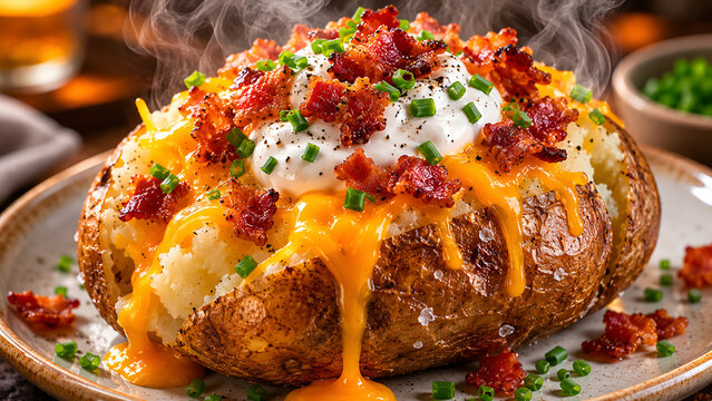 baked potato with bacon bits sour cream chives and melted cheddar cheese