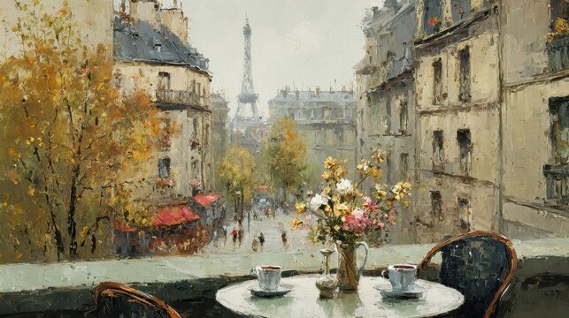 Oil painting style view of cafe balcony overlooking paris streets with eiffel tower in distance warm colors beautiful cityscape art piece depicting morning breakfast with coffee setup.