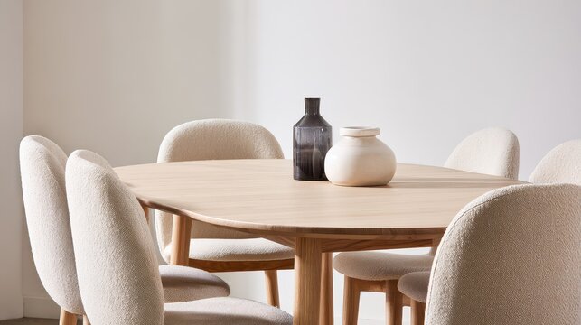 Close up view of modern oval shaped dining table with light oak veneer top and four soft cream textured boucle fabric chairs featuring two decorative vases in center for home staging photography.