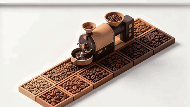 Claymorphism Isometric 3D Miniature Coffee Roasting Machine Displaying Full Coffee Roast Progression Arranged In Wooden Trays On Clean White Surface