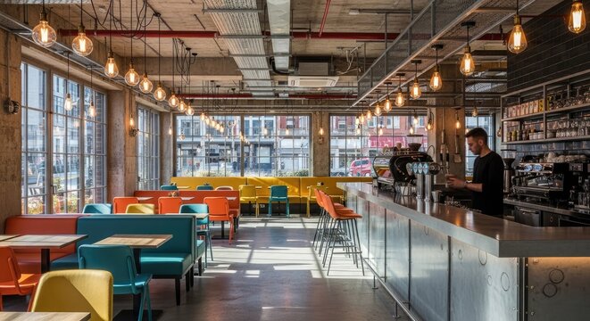 Modern cafe interior with seating and bar area during daylight hours
