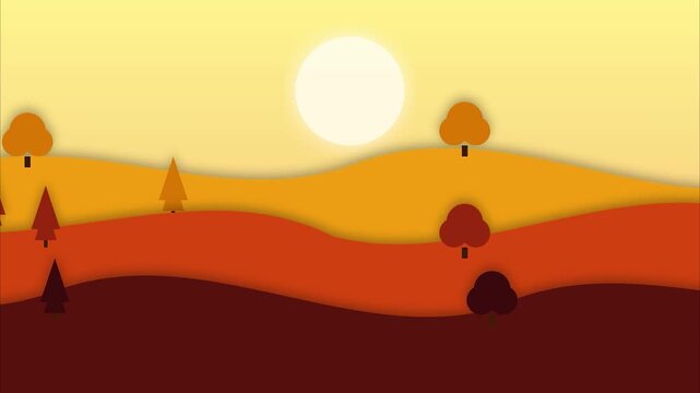 Autumn Landscape Rolling Hills and Trees under Golden Sunset Sun Flat Minimalist 2D Animation Parallax Scrolling Background for Motion Graphics Design Works