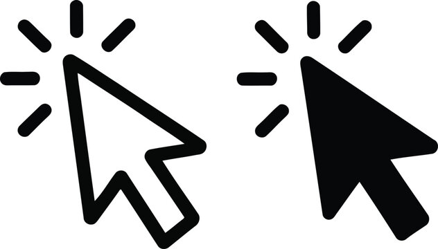 Click cursor icons outline and solid black versions with radial burst