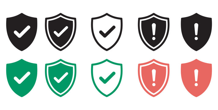 Professional security shield icons with validation check and warning alert symbols