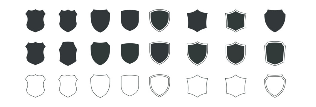 Professional shield icons and badge frames in solid and outline vector design set