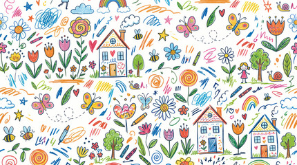 Naklejka premium Children's Drawing Seamless Pattern: Houses, Flowers, Butterflies, Rainbows, Bees