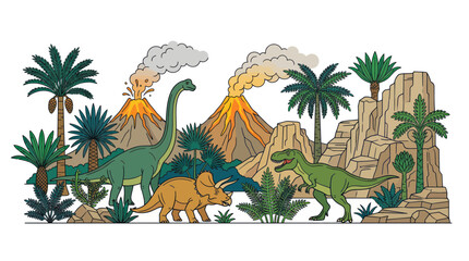 Dinosaurs in prehistoric landscape with volcanoes and palm trees illustration © cicok