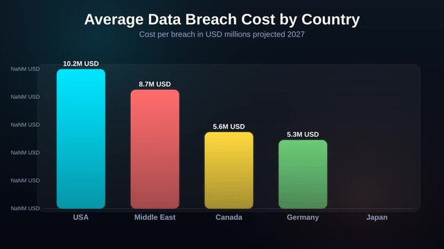 Animated bar chart showing average data breach cost by country comparing cost per breach in USD millions projected 2027