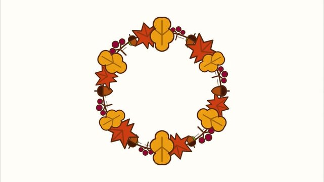 Animated Autumn Leaf Wreath with Acorns and Berries Hand Drawn Flat Motion Graphic for Thanksgiving Celebration or Fall Seasons Social Media Content Background