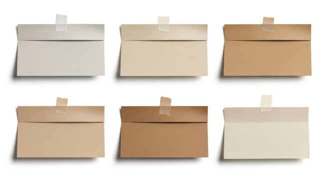 Six beige and brown envelopes with tabs on white background stationery