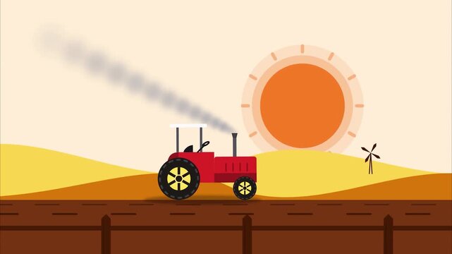Red Agricultural Tractor Driving Through Farm Fields at Sunrise Minimalist Flat 2D Animation Style Looping Background for Farming Industry Content