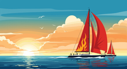 Naklejka premium Two sailing boats with large red sails navigating through ocean waves during a beautiful sunset with orange sky clouds.