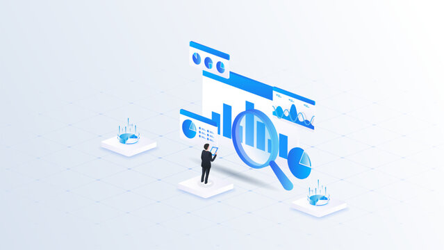 Isometric stock market data analyzing with financial dashboard, stock market research and performance monitoring concept.