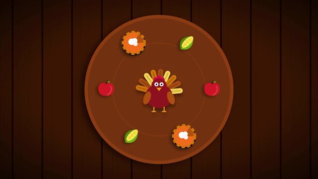 Thanksgiving Turkey and Autumn Food Revolving Animation Flat Design Style Holiday Celebration Motion Graphic for Seasonal Background and Social Media Content