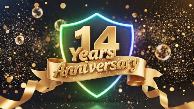 14 Years Anniversary Golden Celebration Shield Sparkle Event Luxury Motion. 4K Video.