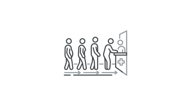 Patient queue at a medical clinic reception desk icon.