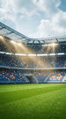Naklejka premium Empty football stadium with colorful confetti falling on green grass
