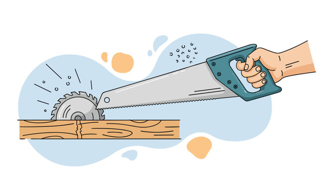 Human hand using a blue handsaw to cut a piece of wood while a circular saw blade rotates quickly in the background.