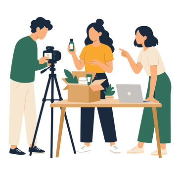 Video creators filming vlog studio scene illustration.