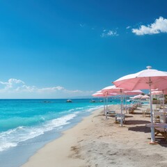 Fototapeta premium Row of pink umbrellas positioned along pristine white sandy beach overlooking turquoise sea under clear blue sky creating tropical vacation getaway atmosphere for leisure travelers.