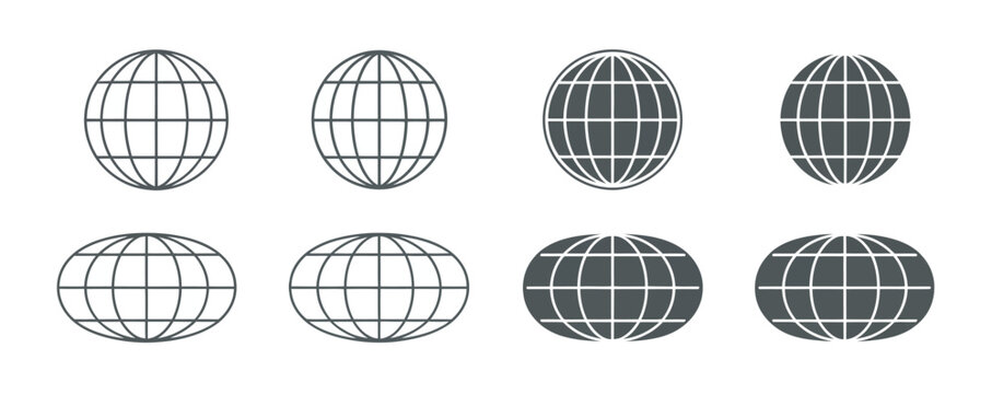 Variety of globe grid icons in round and oval styles for professional web graphics