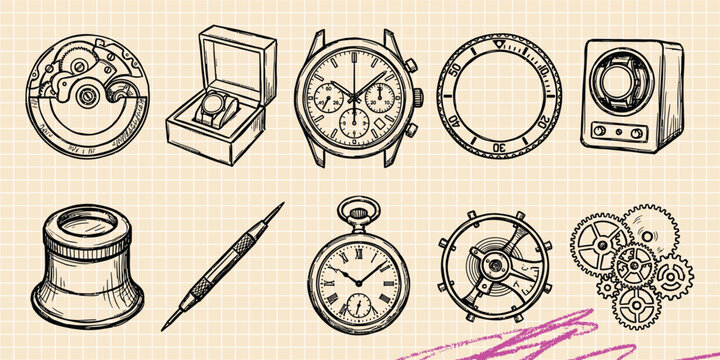 Black ink scribble doodle vector vintage hand drawn set of time clock compass navigation and travel journey exploration