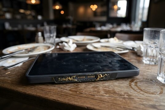 Natural contextual angle shot of carelessly used horizontal restaurant tablet with sauce on long edge charging port