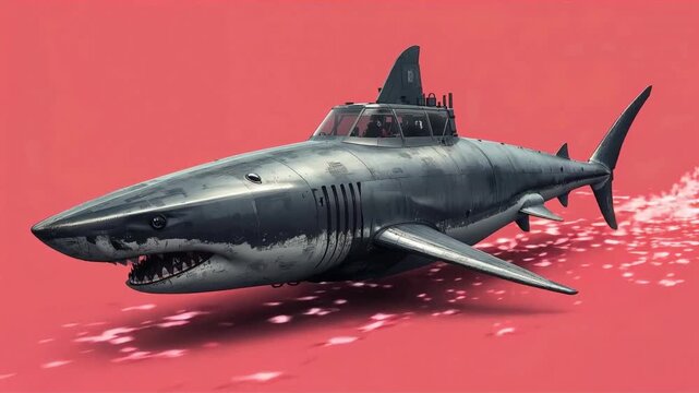 Mechanical shark submarine hybrid swimming through bright red water motion video clip featuring detailed metallic textures and futuristic design elements