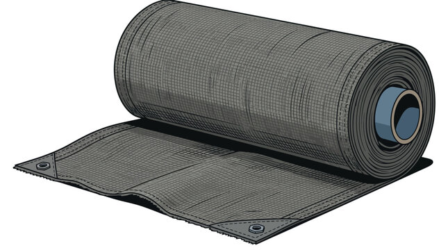 A roll of gray landscape fabric or weed barrier unrolled on a white background with a cylindrical core and grid pattern.