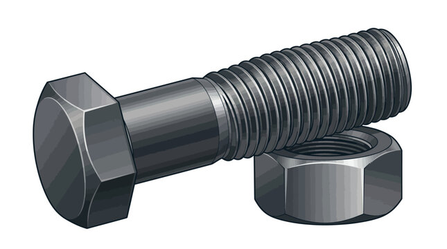 A large metal bolt and a matching nut on a white background, showcasing industrial hardware components in a clean and minimalist composition with a metallic sheen.