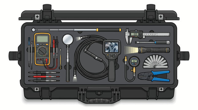 Open black tool case with various tools and equipment arranged neatly inside on a white background.
