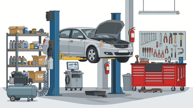 Illustration of a car on a lift in an auto repair shop with tools and equipment around it.
