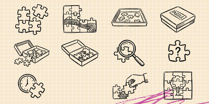 Black ink scribble doodle vector vintage hand drawn set of magnifying glass search finding seo optimization and data analysis