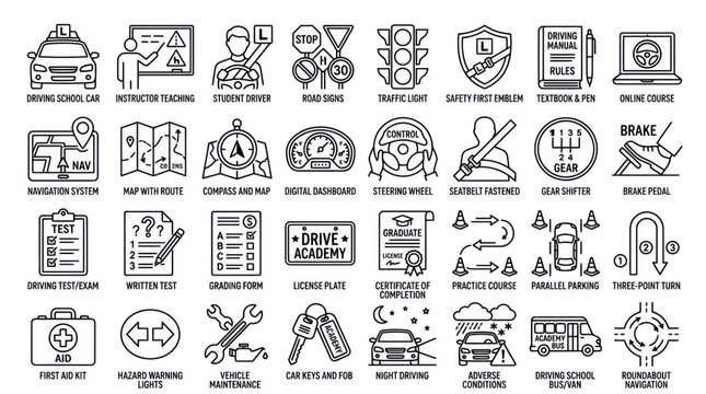 Driving School Icons Set: Learn To Drive, Road Signs, Car, Test, Map, Gear Shift
